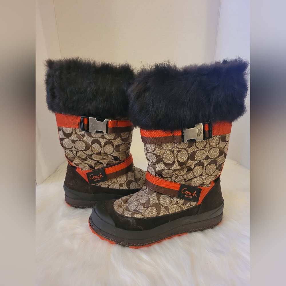 Coach Brown Logo Winter Boots with Black Faux Fur and Orange Trim